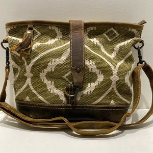 MYRA BAG Woven Fabric/ Brown Distressed Leather Crossbody Bag